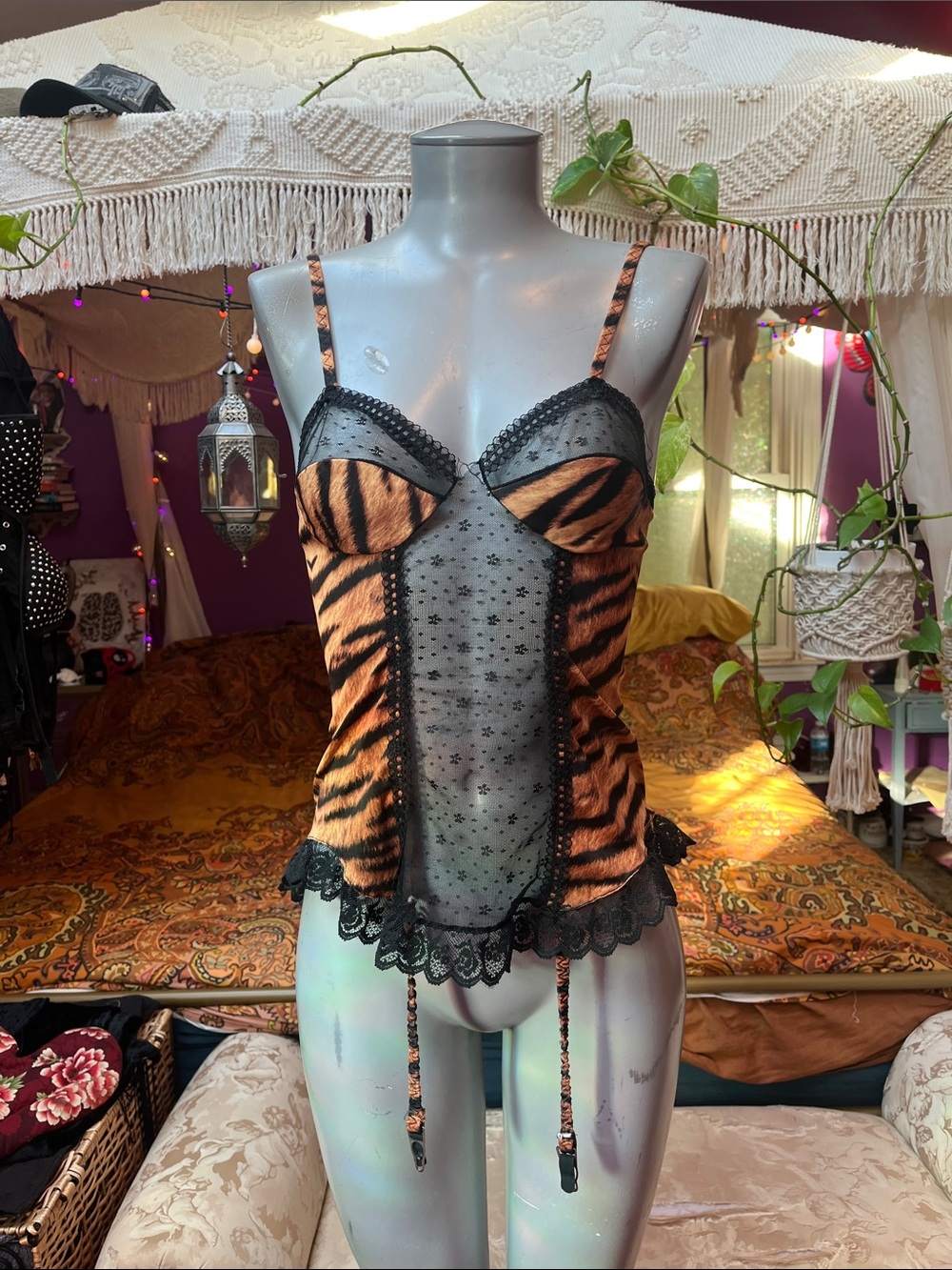 Vintage tiger animal print + lace garter straps camisole tank top